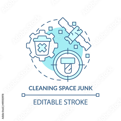 Cleaning space junk turquoise concept icon. Removing trash. Space technology abstract idea thin line illustration. Isolated outline drawing. Editable stroke. Arial, Myriad Pro-Bold fonts used