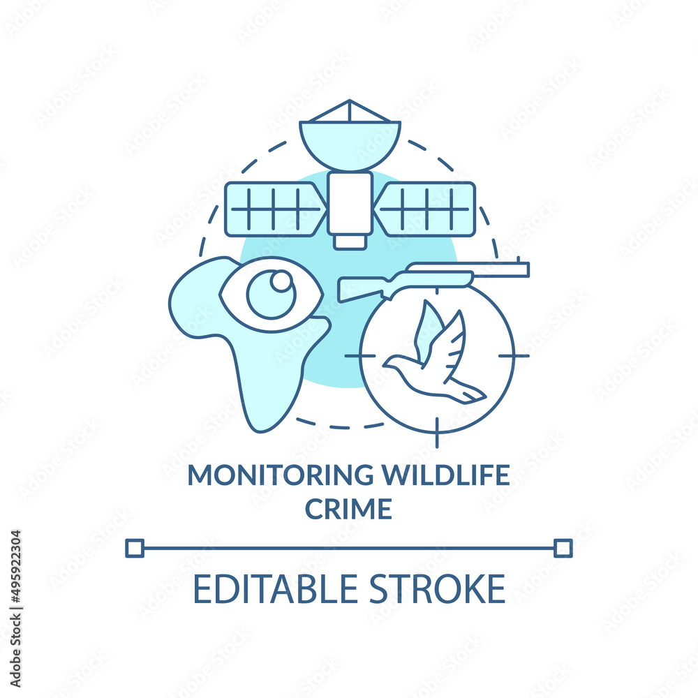 Monitoring wildlife crime turquoise concept icon. Space technology and climate change abstract idea thin line illustration. Isolated outline drawing. Editable stroke. Arial, Myriad Pro-Bold fonts used