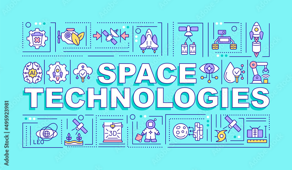 Space technologies word concepts turquoise banner. Science and innovations. Infographics with icons on color background. Isolated typography. Vector illustration with text. Arial-Black font used