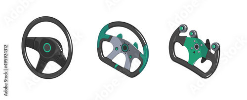 Auto steering wheel in isometry. Set of different auto steering wheels. Racing steering wheels in isometrics. 3d vector steering wheels in cartoon style. Game icons auto steering wheels. Illustration 