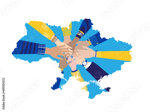 Diverse people holding hands together over the ukrainian map. All in blue and yellow national flag colors. Supporting ukrainian people, concept, sign. Isolated on white background. Vector illustration