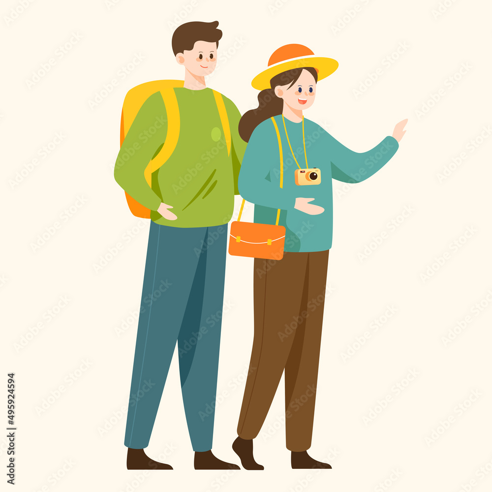 Couple traveling together on vacation with buildings and plants in the background, vector illustration Couple traveling together on vacation with buildings and plants in the background, vector illustration