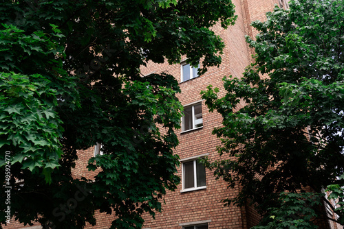 Facade of a brick building with windows and balconies trees grow nearby, city, town