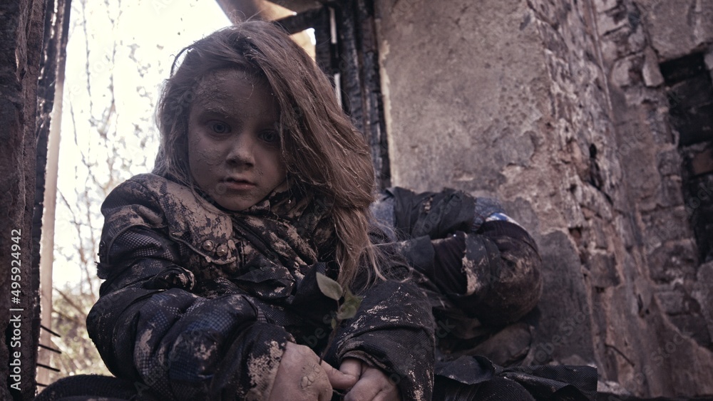 girl praying. Children without a home, apocalypse, war girl praying. Children without a home, apocalypse, war