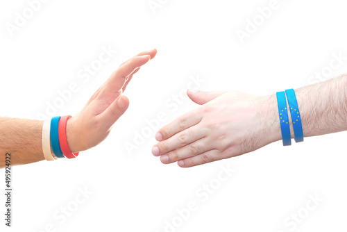 Two hands on a white background. Template with empty space for text. Concept Russia rejects friendship and treaties from European Union