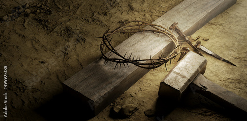 Fototapeta Easter background crucifixion concept with hammer, nail, wood and crown of thorn