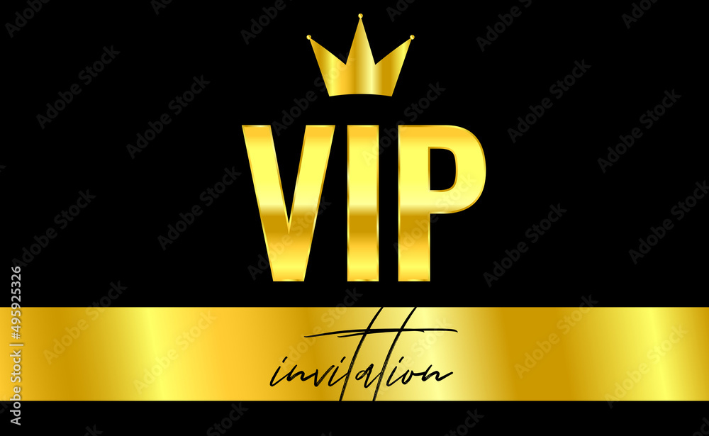 badge for VIP club members. Vip label, badge or tag. Vector black banner with gold vip text. Vector illustration, golden color