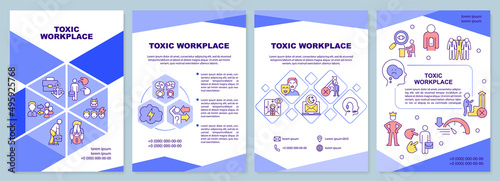 Toxic workplace brochure template. Unhealthy environment. Leaflet design with linear icons. 4 vector layouts for presentation, annual reports. Arial-Black, Myriad Pro-Regular fonts used