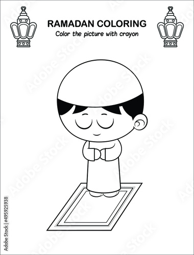 Printable Ramadan Children Coloring book page, Islamic kids Cartoon Character Worksheet for kids. Ramadan kareem Sketch outline black and white version. Kids education. Vector illustration