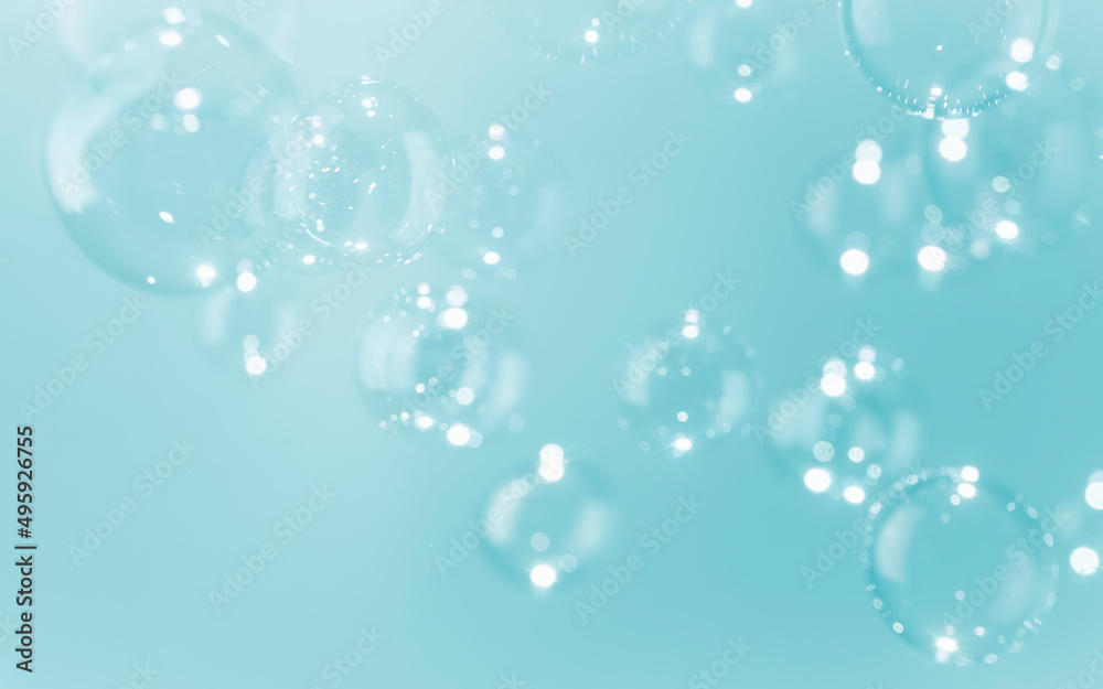 Beautiful  Shiny Transparent Blue Soap Bubbles Background. Soap Suds Bubbles Water