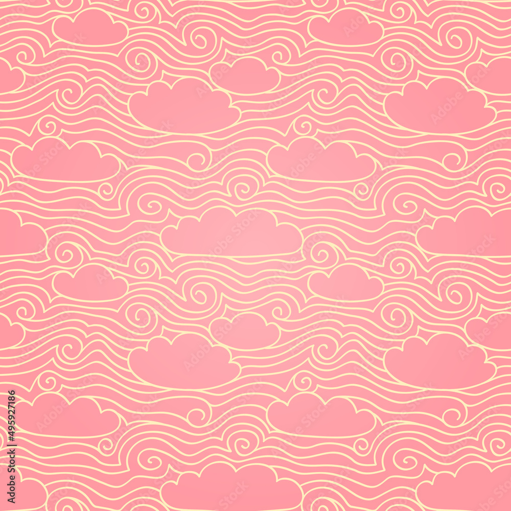 Sky with clouds. Pink seamless pattern. Hand drawn illustration with swirls