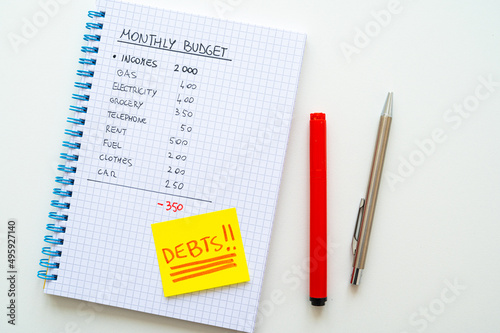 Wallpaper Mural Squared notebook, with monthly budget, calculations, yellow card with the text "debts" and beside it coins and pens. Rising prices and inflation, economic difficulties and consequences.  Torontodigital.ca