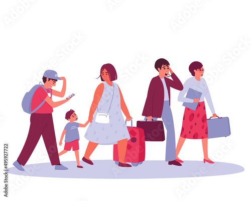 Tourists, people going on holidays, travel, on a trip. Mom with a child and a suitcase. Man with a briefcase talking on the phone. The guy goes on the map in the phone. Flat vector illustration.