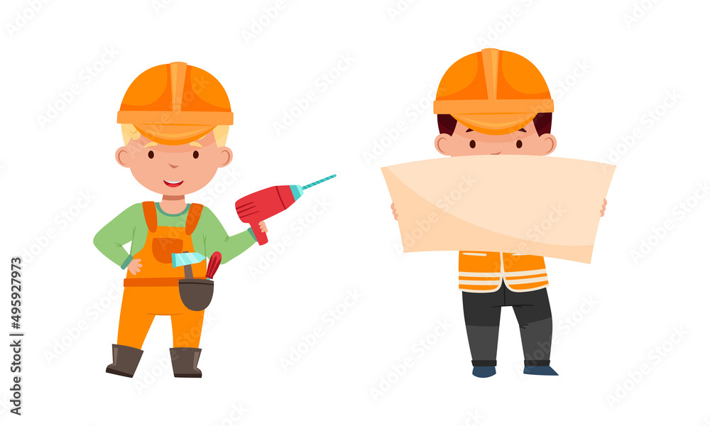 Kids builders set. Cute boys wearing uniform and hardhats with drill and blueprints cartoon vector illustration Kids builders set. Cute boys wearing uniform and hardhats with drill and blueprints cartoon vector illustration