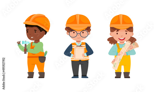 Kids builders set. Cute boy and girl wearing uniform and hardhats with professional tools cartoon vector illustration