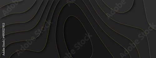 Black abstract luxury paper cut 3d background with golden stroke line. Abstract realistic papercut wavy multi layers with golden line strokes. Black abstract luxury vector background illustration. 