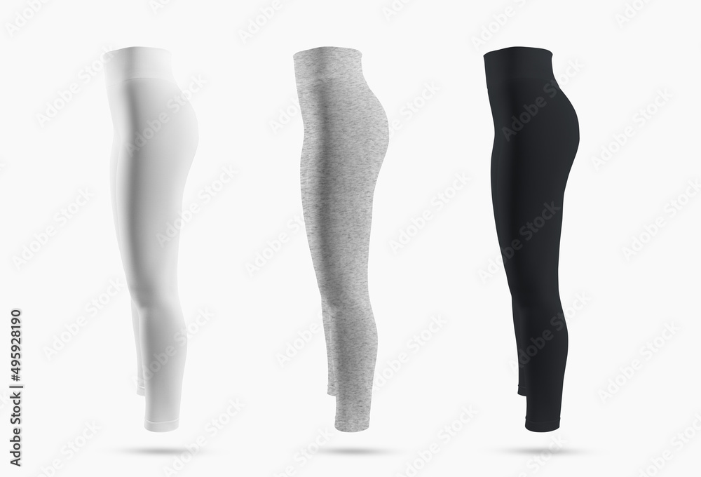 White, black and heather mockups of women's high waist sports leggings. White, black and heather mockups of women's high waist sports leggings.