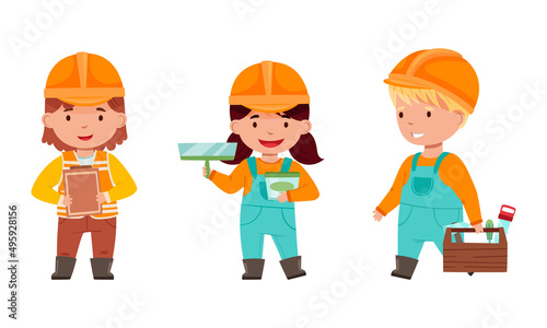 Kids builders wearing overalls and hardhats set. Cute boys and girl working with professional tools cartoon vector illustration