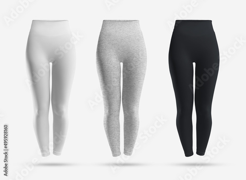 White, black and heather women's compression leggings mockup, 3D rendering, isolated on background, front view. pants template with long waist, no body. Tracksuit, sportswear photo