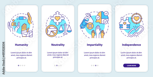International aid principles onboarding mobile app screen. Independence walkthrough 4 steps graphic instructions pages with linear concepts. UI, UX, GUI template. Myriad Pro-Bold, Regular fonts used
