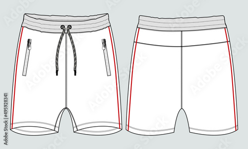 Boys Sweat Shorts pants Technical fashion flat sketch vector Illustration template Front and back views. Fleece cotton jersey shorts Mock up Cad. 