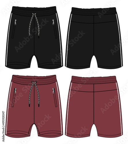 Boys Sweat Shorts pants Technical fashion flat sketch vector Illustration Black, Red Color  template Front and back views. Fleece cotton jersey shorts Mock up Cad. 
