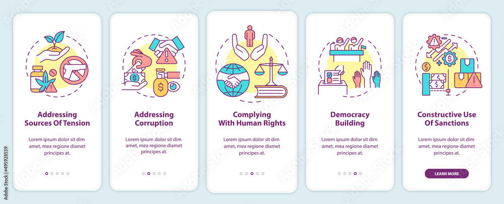 Preventing armed conflicts onboarding mobile app screen. Democracy walkthrough 5 steps graphic instructions pages with linear concepts. UI, UX, GUI template. Myriad Pro-Bold, Regular fonts used