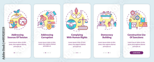 Preventing armed conflicts onboarding mobile app screen. Democracy walkthrough 5 steps graphic instructions pages with linear concepts. UI, UX, GUI template. Myriad Pro-Bold, Regular fonts used