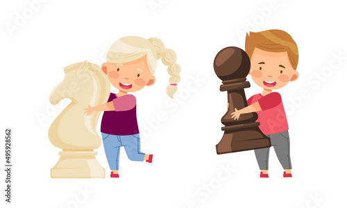 Boy and girl holding big chess pieces. Kids playing chess logic game cartoon vector illustration