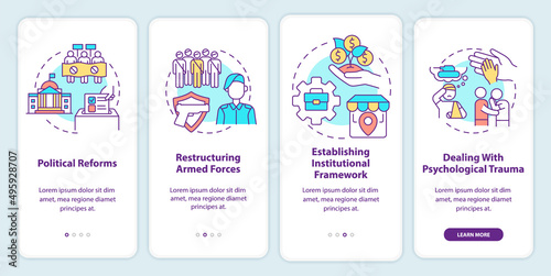 Rebuilding nation onboarding mobile app screen. Institutional framework walkthrough 4 steps graphic instructions pages with linear concepts. UI, UX, GUI template. Myriad Pro-Bold, Regular fonts used