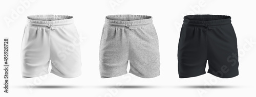 Mockups of men's sports shorts with compression undershorts and a drawstring at the waist.