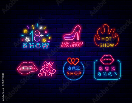 Sex shop neon sign collection. Hot show Adult performance. Lips and heart. Bright signboard set. Vector illustration