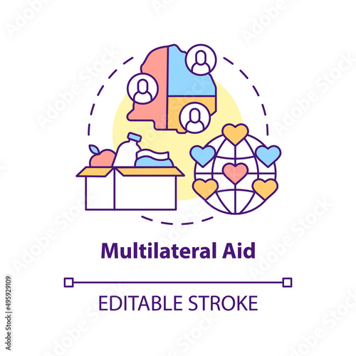 Multilateral aid concept icon. Foreign aid abstract idea thin line illustration. Support from international organisations. Isolated outline drawing. Editable stroke. Arial, Myriad Pro-Bold fonts used