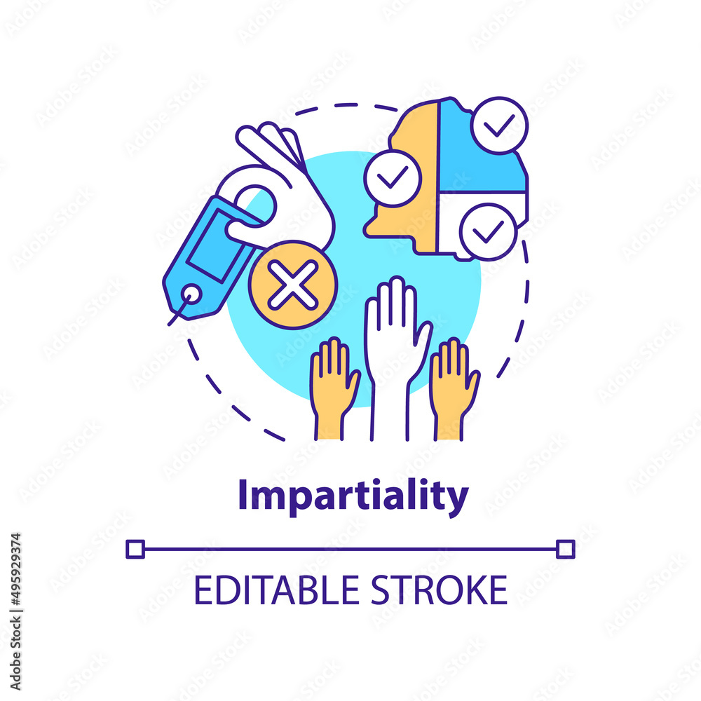Impartiality concept icon. Foreign assistance basis abstract idea thin line illustration. Accepted humanitarian principle. Isolated outline drawing. Editable stroke. Arial, Myriad Pro-Bold fonts used