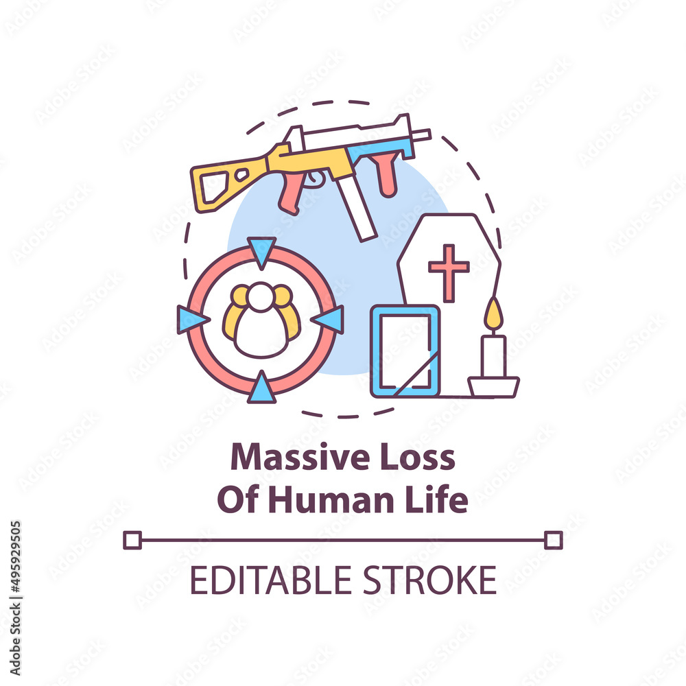 Massive loss of human life concept icon. Armed conflicts effect abstract idea thin line illustration. Military casualties. Isolated outline drawing. Editable stroke. Arial, Myriad Pro-Bold fonts used