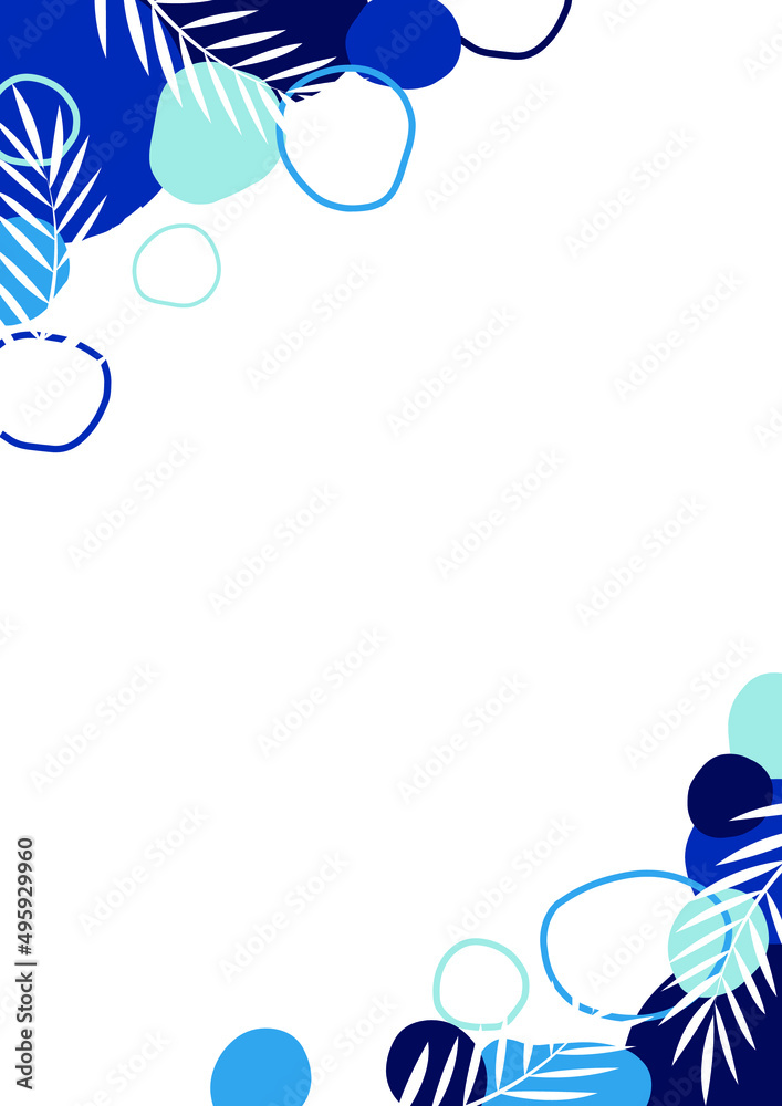 Abstract blue bubble flat design with coconut leaf frame vector for decoration on summer holiday and tropical island concept.