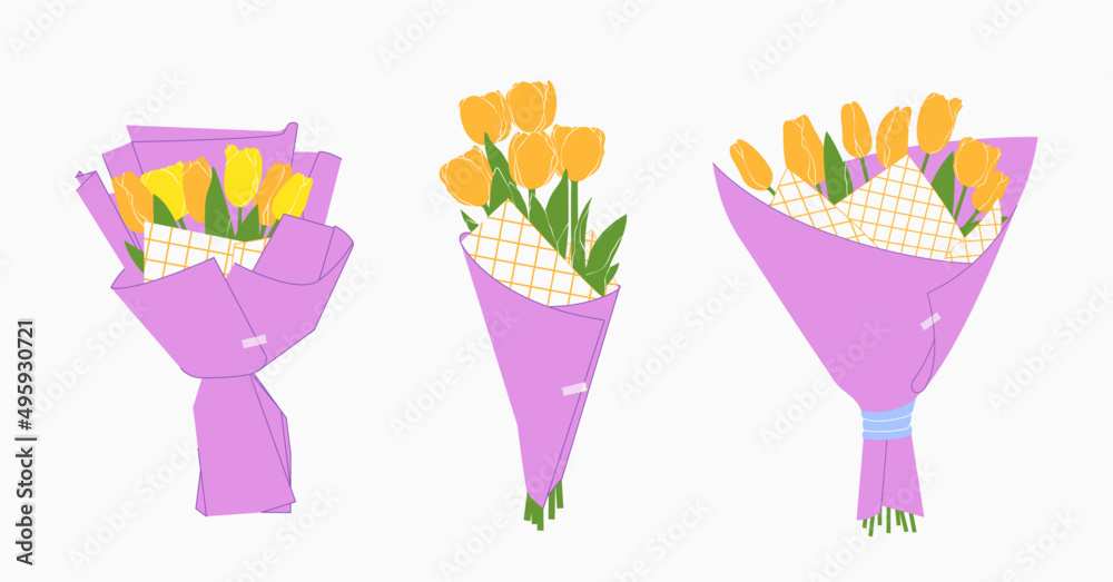 Three bouquets of yellow Tulips in purple wrapping paper. Bouquet of spring fresh flowers wrapped in craft paper. Beautiful lush tulips for Mother's Day. Holiday floral decor. 