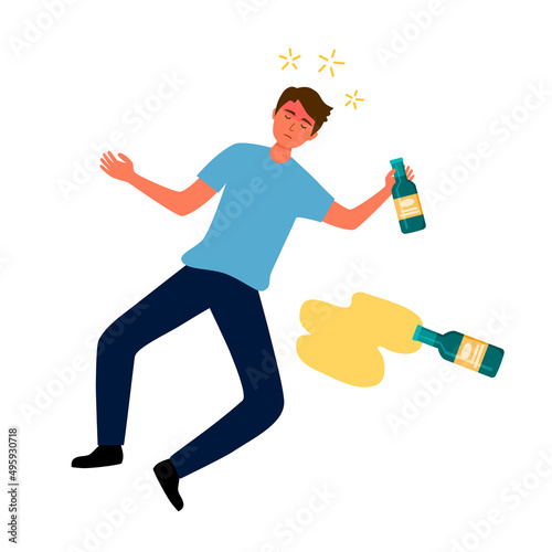 Drunk man sleeping with beer bottle on the floor in flat design. Alcoholic character. Alcohol addiction.