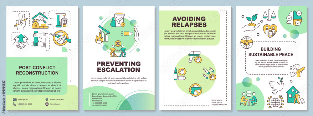 Post conflict recovery green brochure template. Preventing escalation. Leaflet design with linear icons. 4 vector layouts for presentation, annual reports. Arial-Bold, Myriad Pro-Regular fonts used