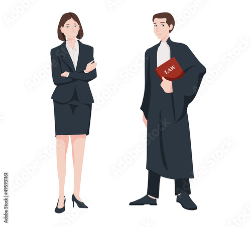 Vector illustration judiciary. Standing woman lawyer or jurist in a skirt and a judge in a robe and with a law in her hand in cartoon style.