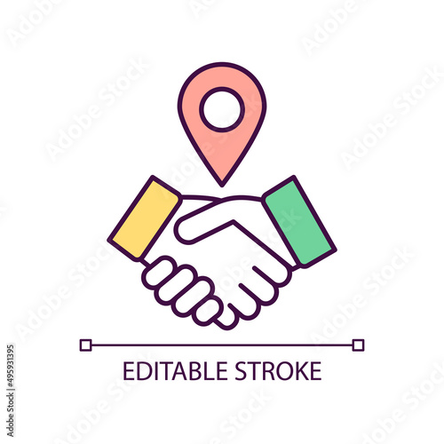 Come to agreement RGB color icon. Hand shake. Greetings and acquaintance gesture. Make deal. Isolated vector illustration. Simple filled line drawing. Editable stroke. Arial font used