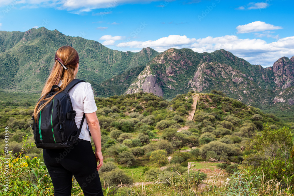 Naklejka premium Turista disfrutando ruinas pre incaicas, en reserva El Shincal