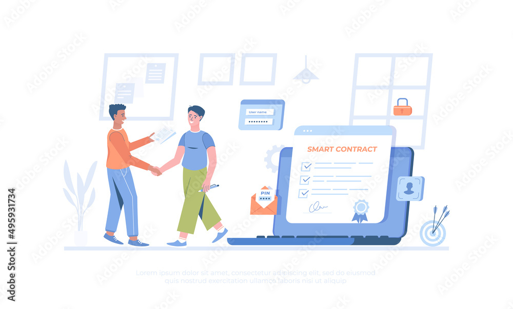 Smart digital contract, electronic document signing. Online deal, agreement. Cartoon modern flat vector illustration for banner, website design, landing page. Smart digital contract, electronic document signing. Online deal, agreement. Cartoon modern flat vector illustration for banner, website design, landing page.