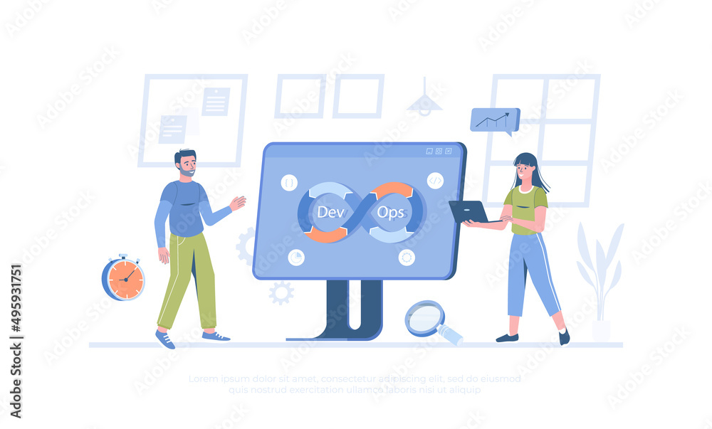 DevOps developers work with automation process in shape of infinity sign. Software development. Cartoon modern flat vector illustration for banner, website design, landing page. DevOps developers work with automation process in shape of infinity sign. Software development. Cartoon modern flat vector illustration for banner, website design, landing page.