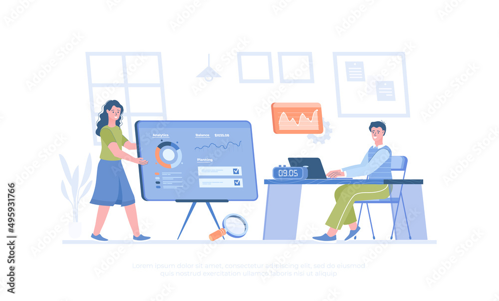 Budget analysis, financial management, cost analysis. Employees doing research and reviewing costs. Cartoon modern flat vector illustration for banner, website design, landing page.