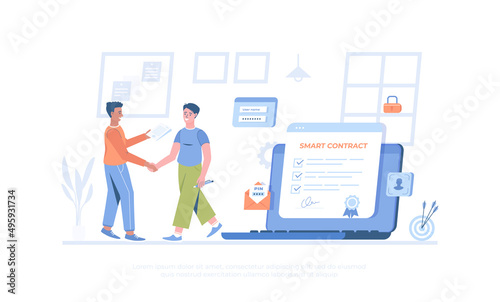 Smart digital contract, electronic document signing. Online deal, agreement. Cartoon modern flat vector illustration for banner, website design, landing page. © vectorhot