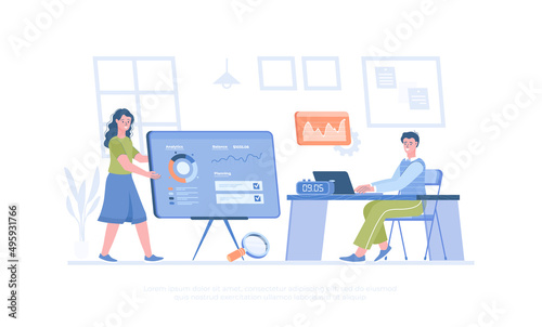 Budget analysis, financial management, cost analysis. Employees doing research and reviewing costs. Cartoon modern flat vector illustration for banner, website design, landing page.