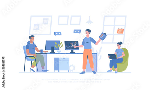 Business meeting. Colleagues discussing work, chatting communicating sitting at office desk. Cartoon modern flat vector illustration for banner, website design, landing page.