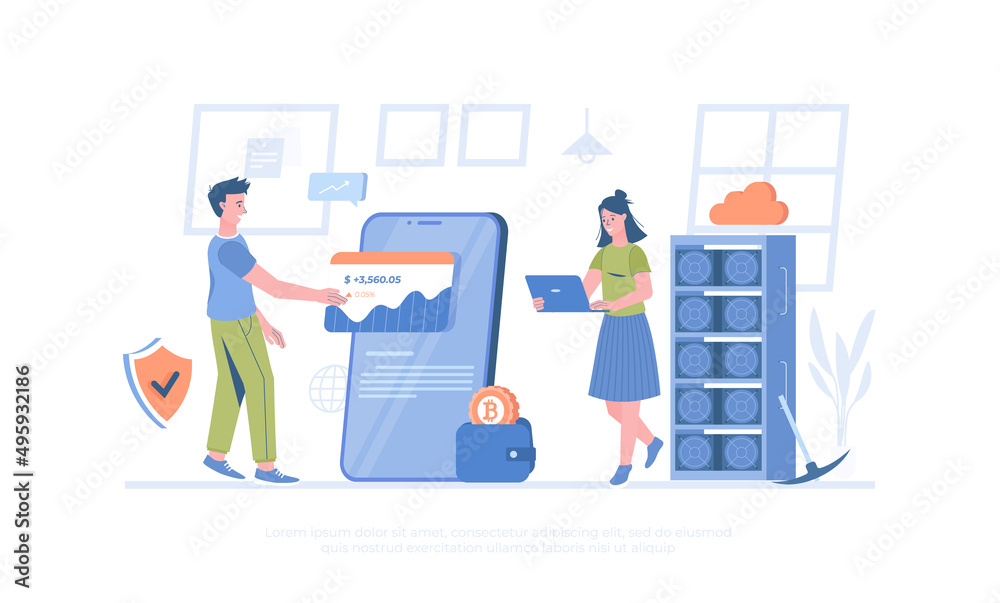 Cryptocurrency technology. Digital money investment, crypto coin mining, marketplace. Cartoon modern flat vector illustration for banner, website design, landing page. Cryptocurrency technology. Digital money investment, crypto coin mining, marketplace. Cartoon modern flat vector illustration for banner, website design, landing page.