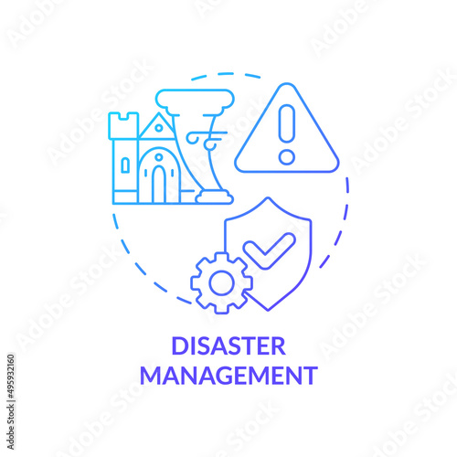 Disaster management blue gradient concept icon. Heritage protection. Developmental activity abstract idea thin line illustration. Isolated outline drawing. Myriad Pro-Bold font used